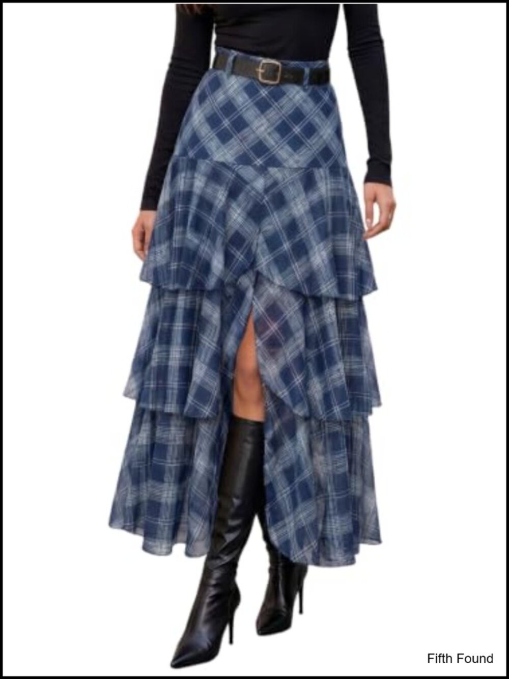 Womens Plaid Tiered Maxi Skirt High Waist A-Line Front Slit Ruffle Casual